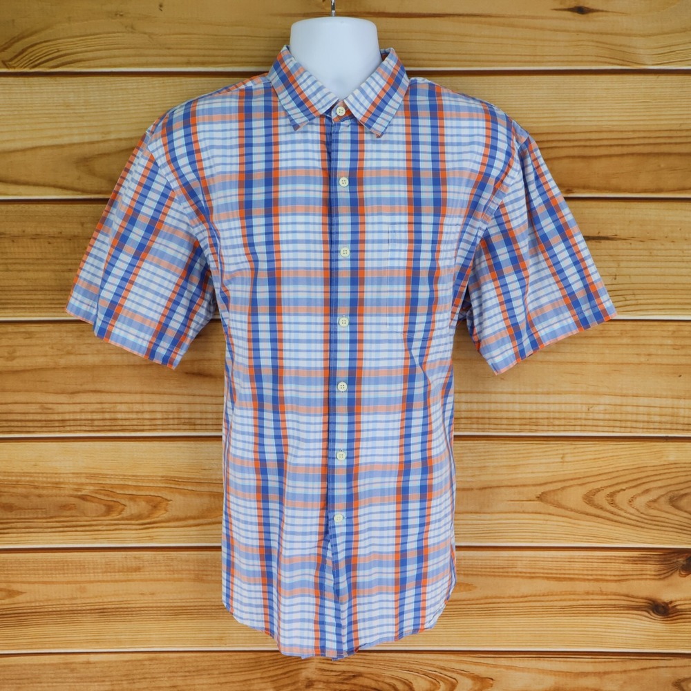 IZOD Short Sleeve Button Up Shirt Mens Sz L Multicolor Plaid Cotton Point Collar